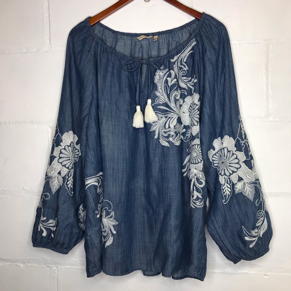 Soft Surroundings Womens 1X Diya Blue Denim Floral Embroidery Blouse Top